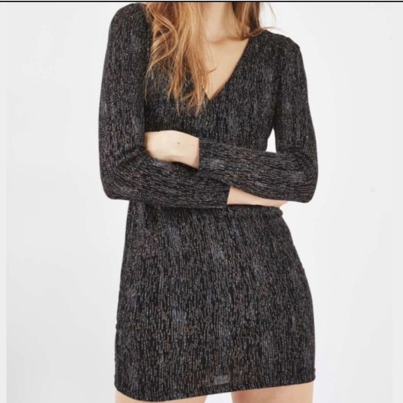 TopShop Women’s Black Multi Color Sparkle Long Sleve Bodycon Mini Dress Size 4 - Picture 1 of 10